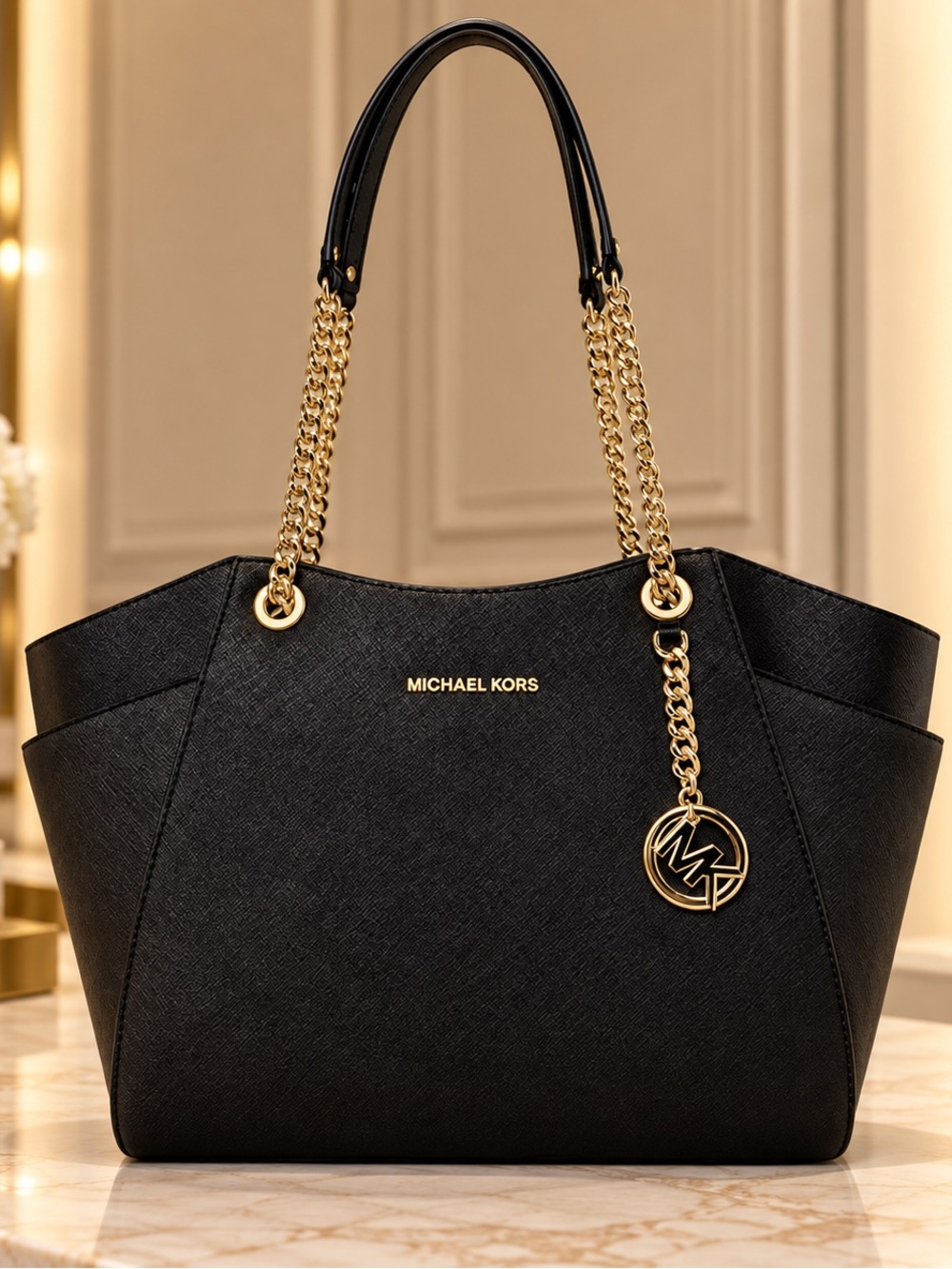 NWT Michael Kors Jet Set Travel Large Black Leather Gold Chain Tote